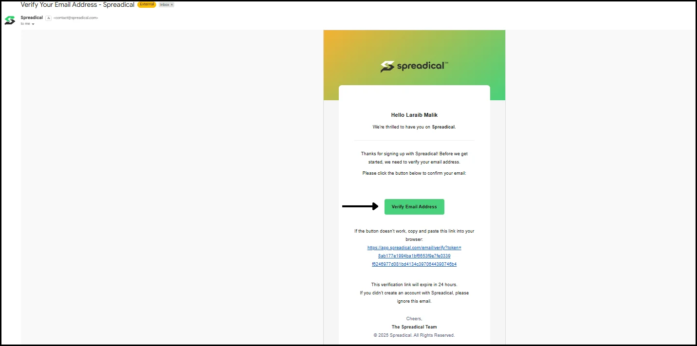 Step 5: Verify email and login : Connecting Spreadical with WhatsApp Business