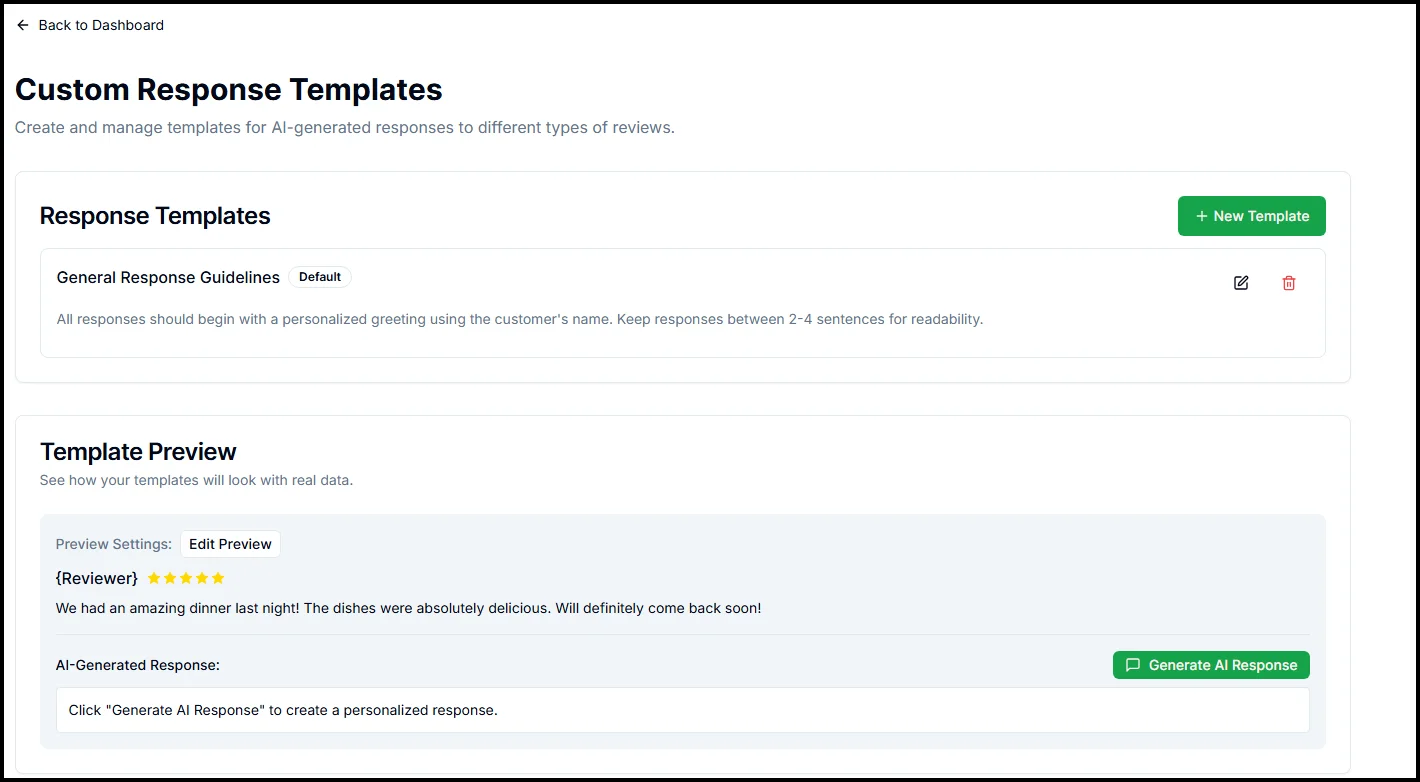 Set up AI response templates: menage AI responds to your business reviews through spreadical